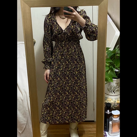 ASOS 70s inspired boho long sleeve brown floral dress - Picture 2 of 5